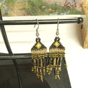 Hand Crafted  Vintage Black N. Yellow Beaded Earrings